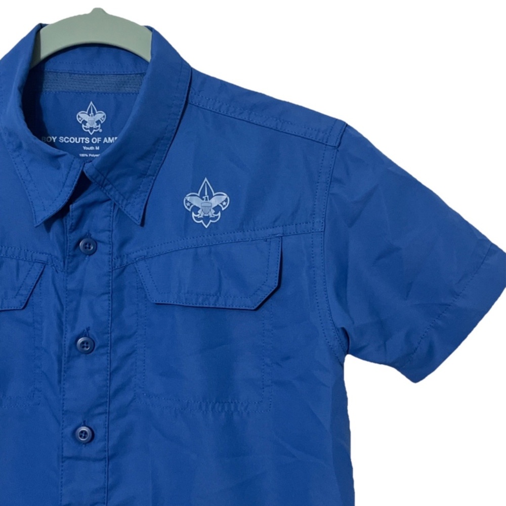 Boy Scouts of America Shirt YOUTH Medium BLUE Button Up 100% Polyester Vented